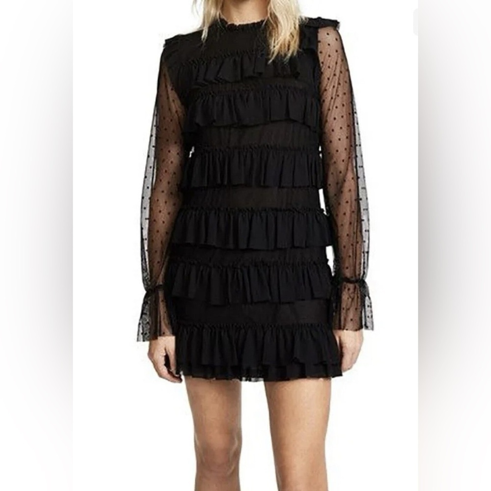 Rebecca Minkoff Mesh Black Tiered Ruffle Dress Polka Dot Romantic Womens Size 10